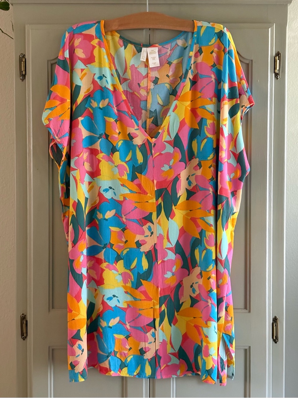 ANNE COLE Colorful Plumeria Easy V-Neck Tunic Floral Swim Cover | Size Medium